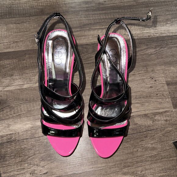 Deb Black With Hot Pink Strappy PVC Leather Heels 9 - Picture 3 of 8